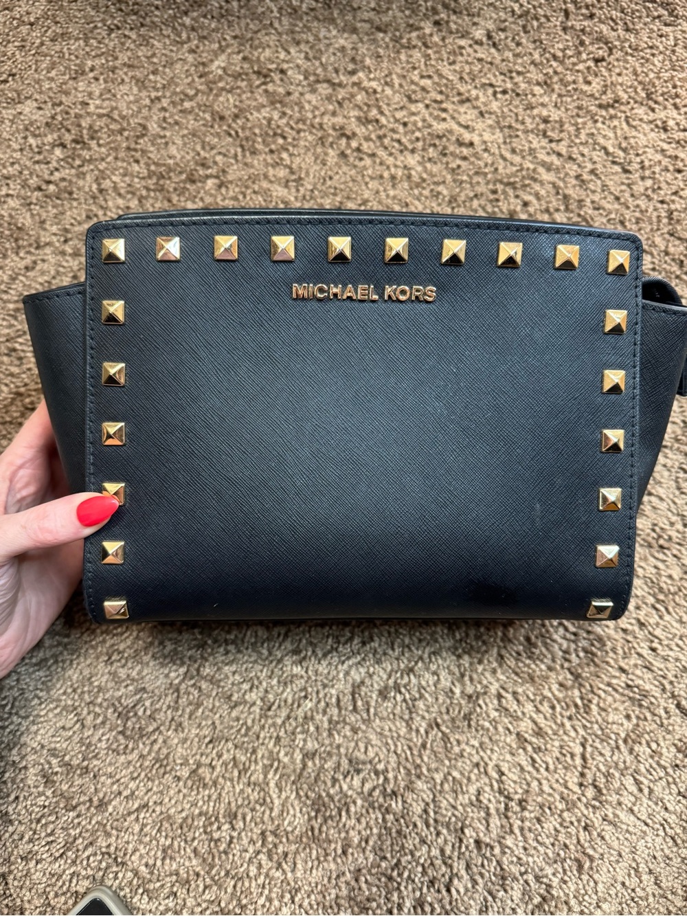 Michael Kors Black Crossbody with Gold Pyramid Studs